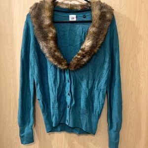 CAbi Blue Cardigan with Brown Faux Fur Collar